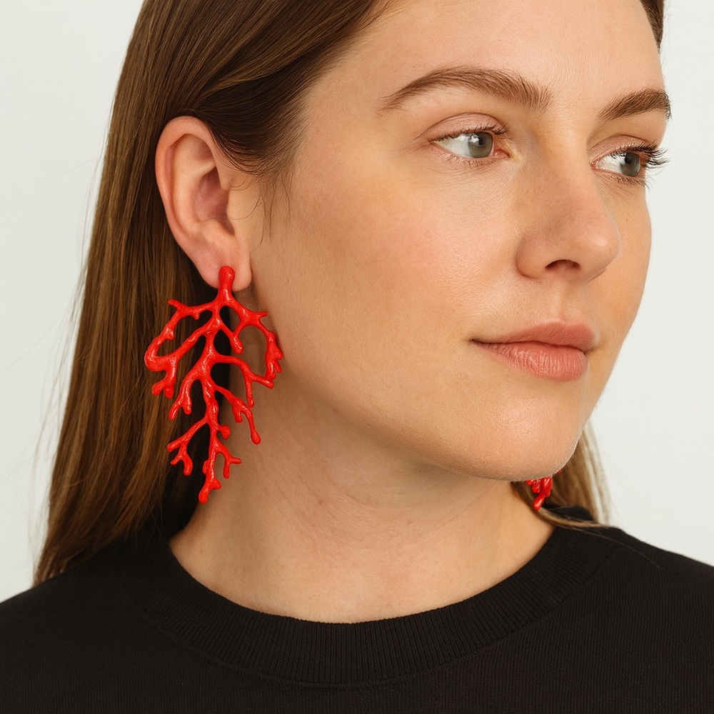 Red Coral Branch Earrings - Picture 5 of 8